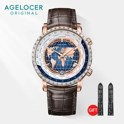 AGELOCER Original World Time Watch Men's Luxury Gold Watch Automatic Mechanical Watch Diamond Watch Birthday Gift for Men