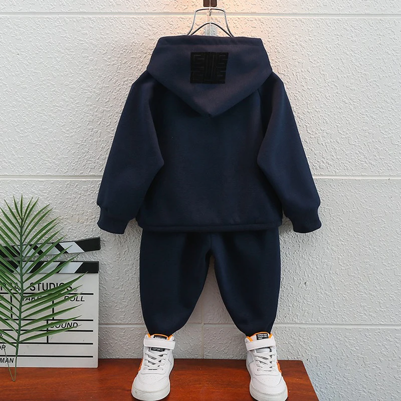 Fleece Winter Clothing Sets Baby Boy Children Pullover Sweatshirts + Simple Solid Cotton Sports Pants 2pc Kids Clothes Boy Suit