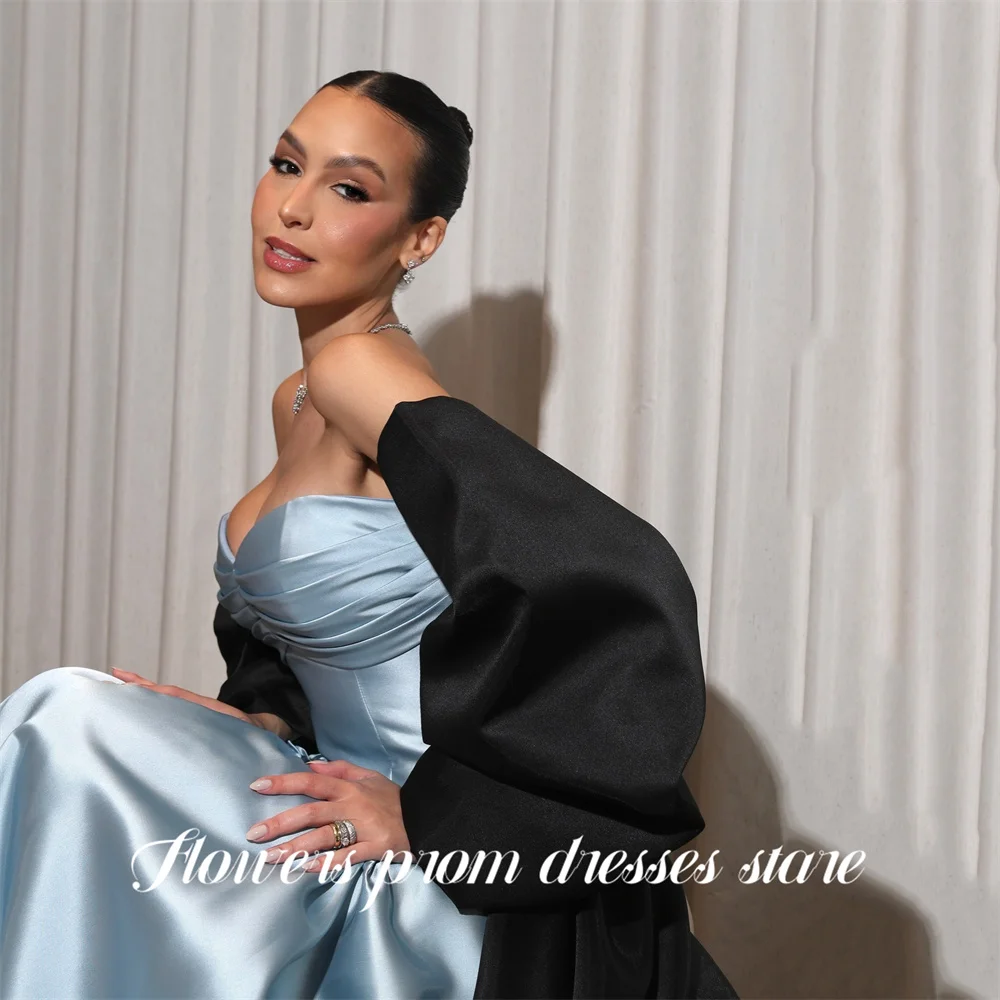 Flowers Light Blue Prom Dresses with Black Oversized Bow Celebrity Dress Sweetheart Evening Dress Wedding Party Dress Customized