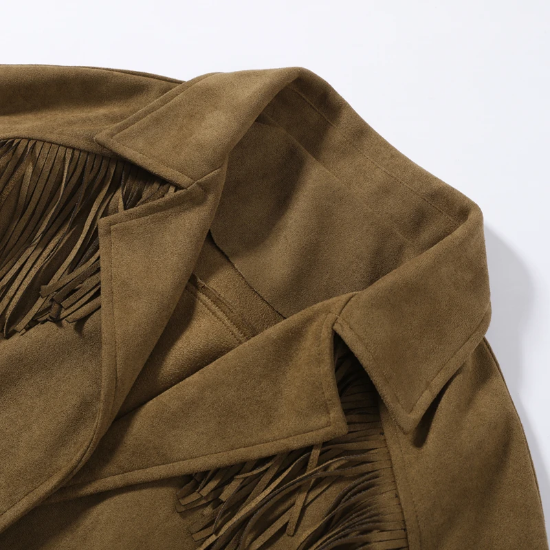 Damen-Wildlederjacken mit Übergroßem Revers und Quasten, Einreihige Kurze Mäntel, Herbst-Damenjacke mit Langen Ärmeln, Neue Oberbekleidung – Detail 6