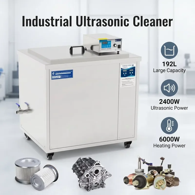192L Stainless Steel Ultrasonic Cleaner 2400W 40KHz Large Tank with 48 Transducers Adjustable Timer 1-99 Minutes for