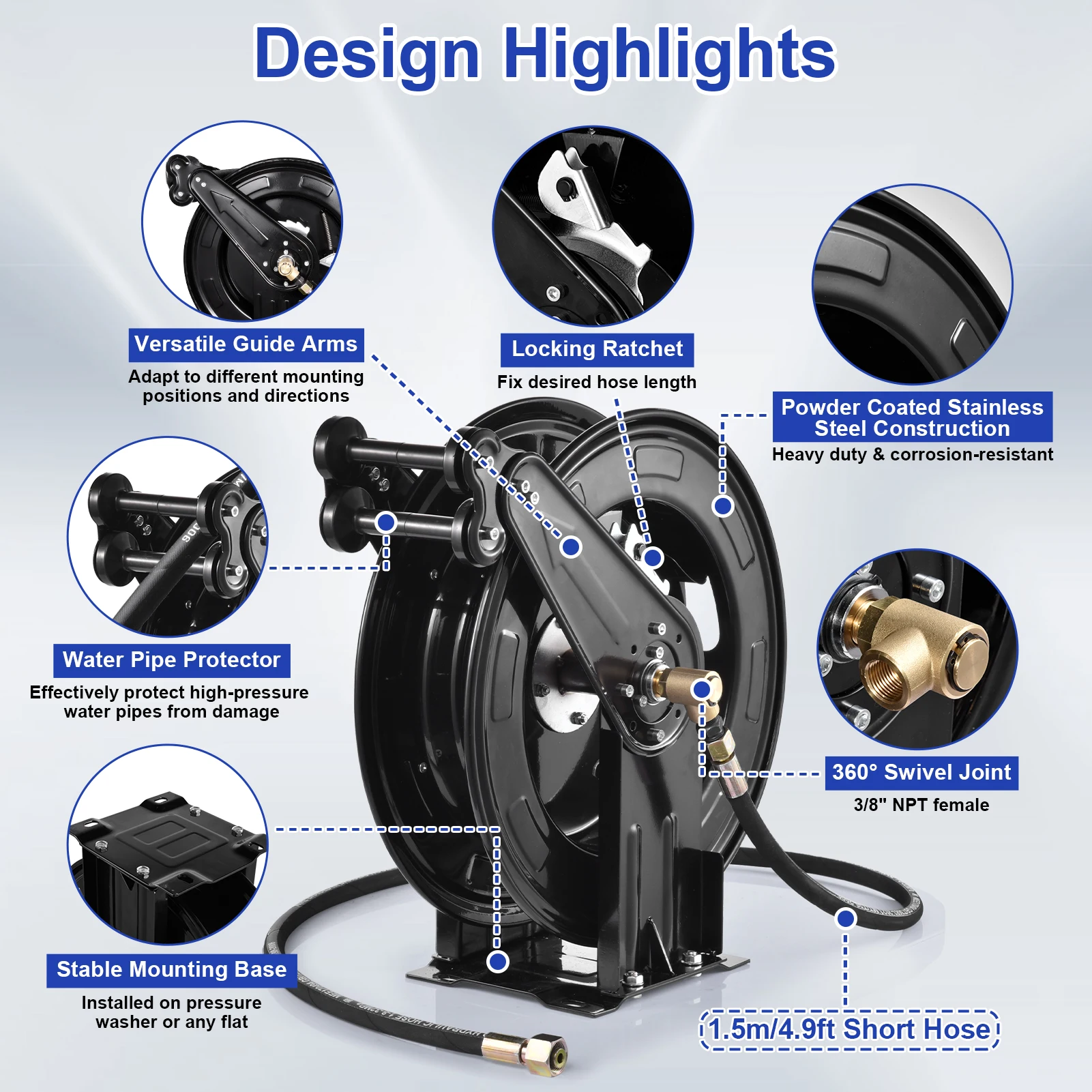 Heavy Duty Pressure Washer Hose Reel 50 FT x 0.59 Inch, Industrial Grade Steel Double Arm Manual Crank Reel, 4000 PSI High Pressure Washer Hose Storage, Wall Floor Ceiling Mounted Swivel Bracket for Air Water Liquid Use view 5