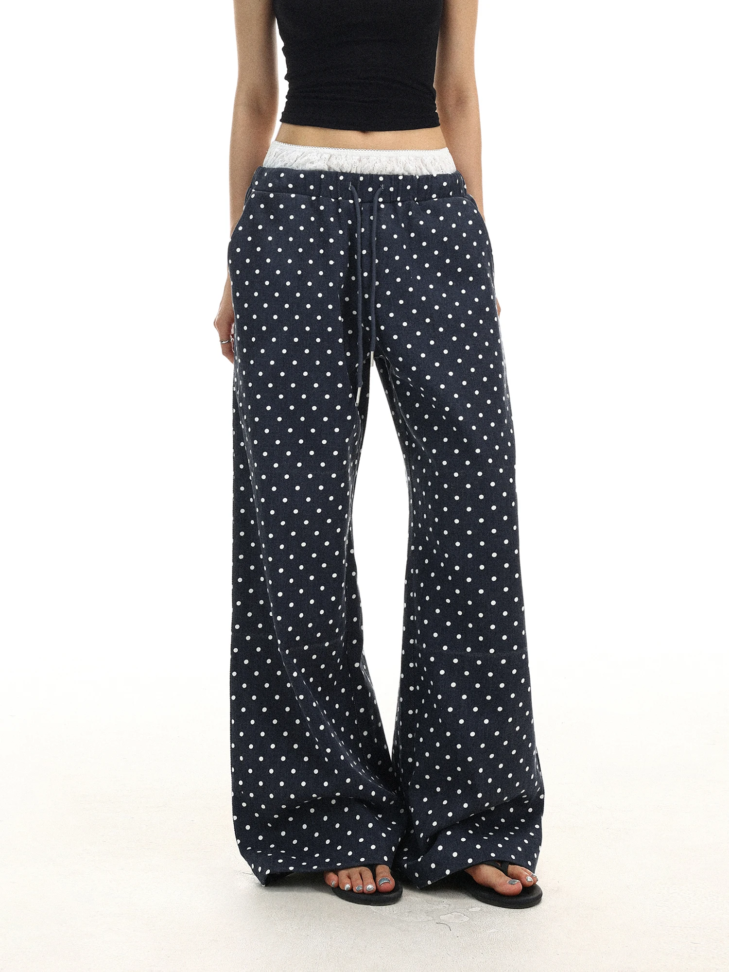 

Casual Polka Dot Wide Leg Pants Women's High Waist Drawstring Loose Drapey Straight Leg Casual Floor-Length Pants