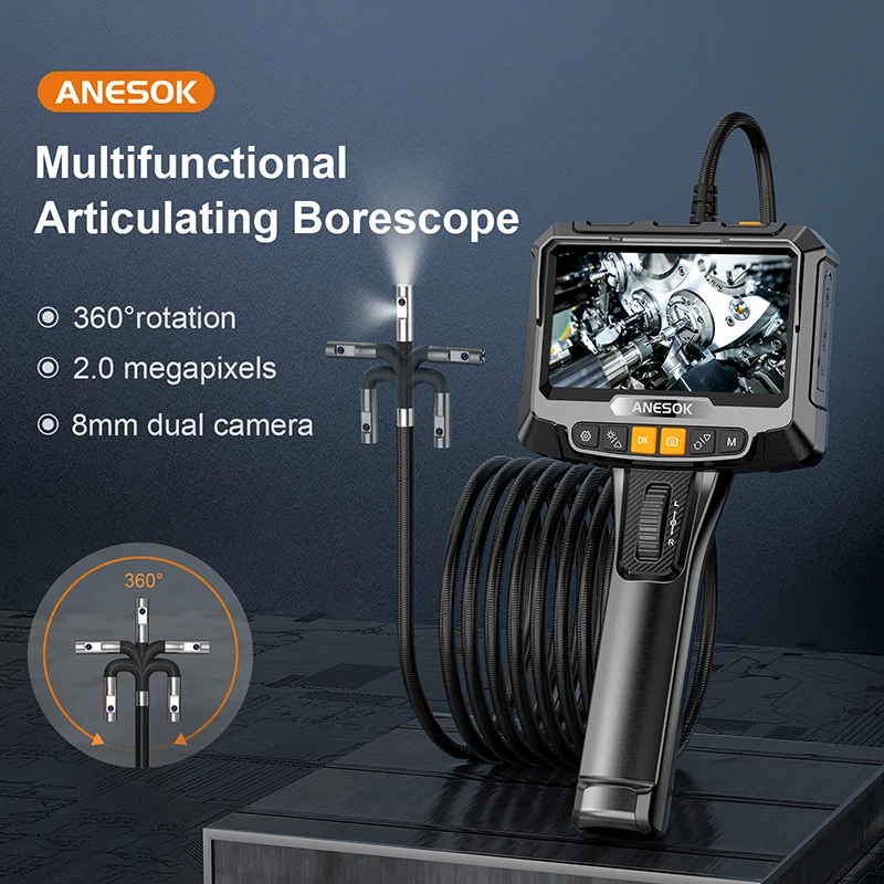 5 inch Screen 360 Degree Waterproof Auto Repair Pipe Inspection Rigid 1080P HD Dual Lens Articulating Borescope