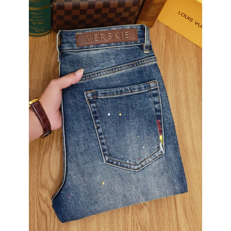 두꺼운 청바지 남성용 신상 블루 핸드페인팅 그래피티 레트로 슬림핏 바지 가을 겨울 2025