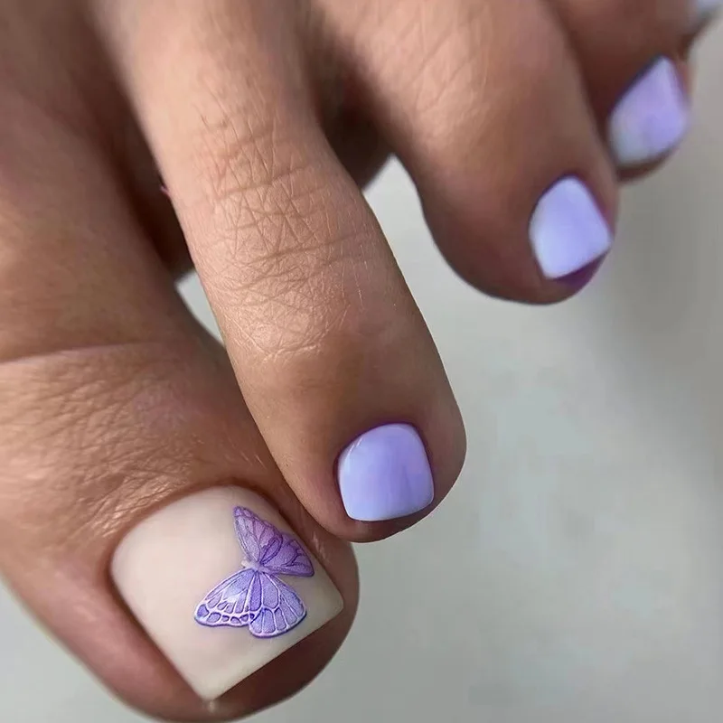 

24PCS Matte Lavender Press-On Toe Nails - Delicate Butterfly Accents Petite Sizing Short Square False Toenail For Women Girl