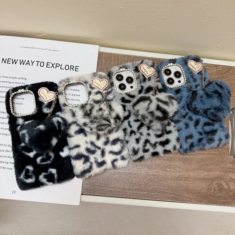 

With Love Heart Pendant Furry Leopard Phone Case Cover For iPhone 13 12 11 Pro Max XS XR 8 7 6 Plus