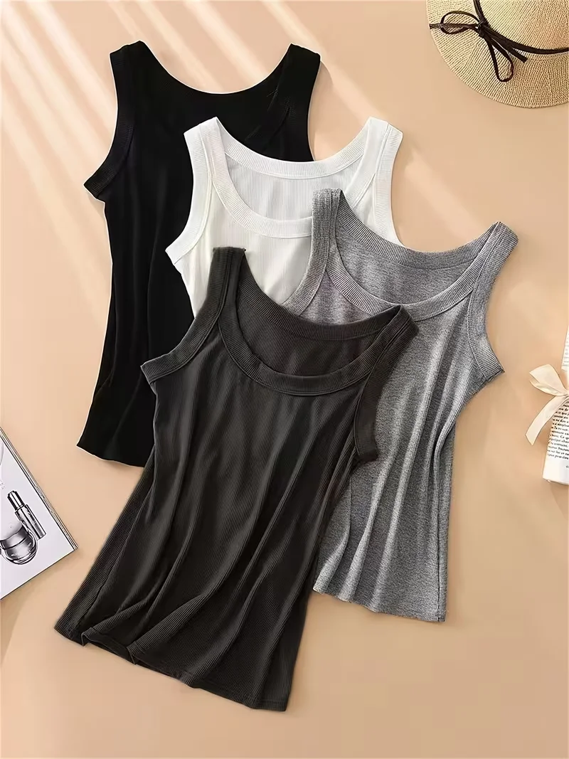 Four-Piece Set That Covers Side Breasts and Prevents Exposure, with an Excellent Fit, Slim-Fitting Camisole for Outerwear, Versatile Sleeveless Top, Round Neck Sleeveless Elastic Slim-Fit Top, Flattering and Slimming, Can Be Worn Inside or Outside, Simple and High-Quality Women's Camisole, Stylish and Sexy Camisole, Skin-Friendly and Comfortable Yoga Wear, Fashionable Suit for Inner Wear, Comfortable and Versatile Base Layer for Women