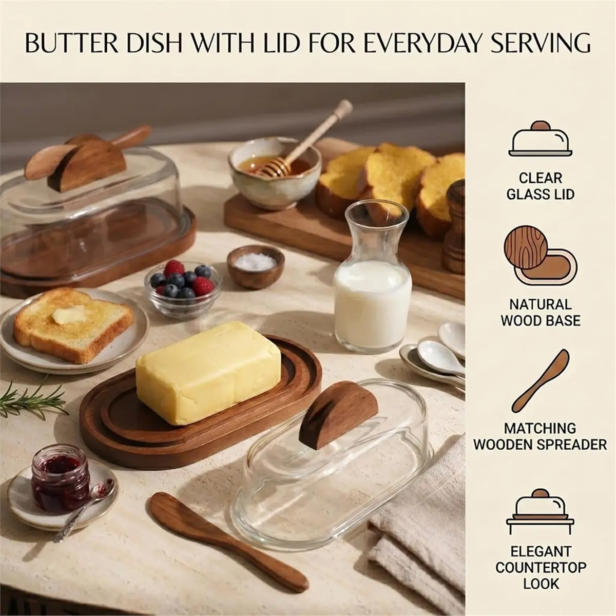 New Tool Glass Butter Dish with Lid and Wooden Knife, with Wood Base for Stylish Countertop Serving