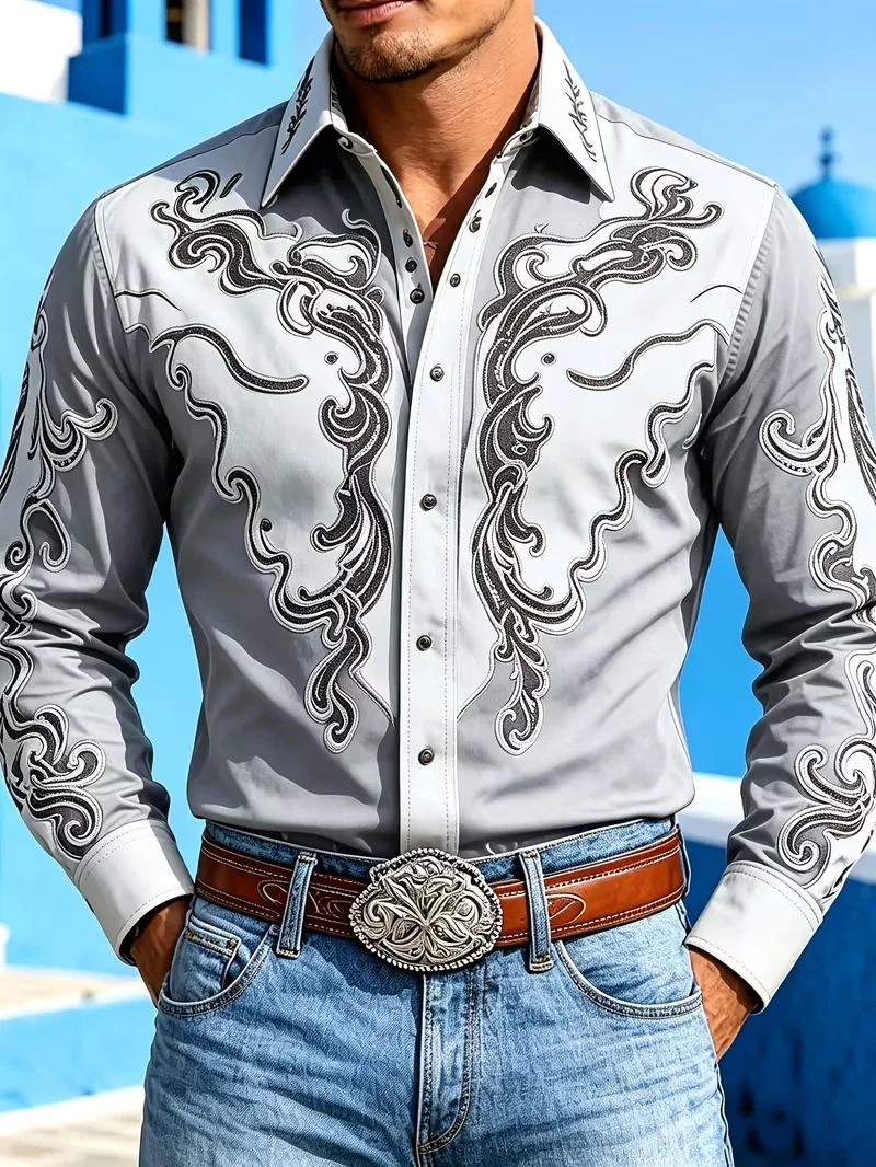 New dark green rice white rolled flower western denim long sleeved shirt, retro American men's workwear shirt
