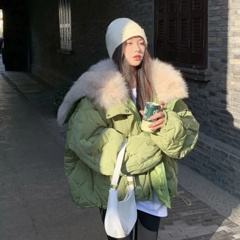 Women Big Fur Collar Down Snow Jacket Winter Pocket Coat Warm Parkas Snow Outwear Oversized Long Winter Jacket