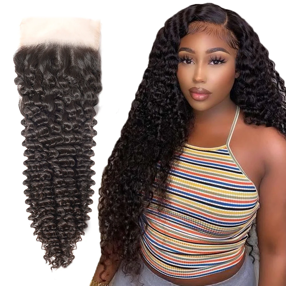 

5x5 Deep Curly Lace Closure Transparent Curly Human Hair Brazilian Hair Swiss Lace Closures Melt Skins Small Knots Natural Color