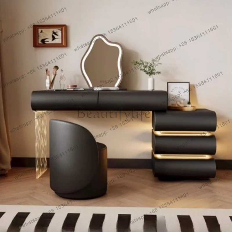 LDBlack Luxury Makeup Modern Vanity Table 3 Drawers Storage Decor Aesthetic Dressing Table Light Mirror  Bedroom Furniture