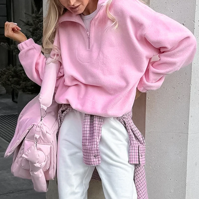 

BKLD женские 2024, осенне-зимние свободные толстовки из овечьего флиса с лацканами, толстовка на молнии с длинными рукавами и плиссированным подолом, пуловеры, шикарная уличная одежда