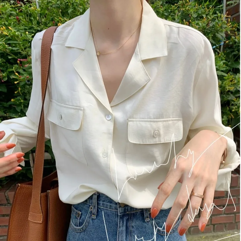 

French Sle Loose Fit Long Sve irt Chic Spring Vintage Suit Collar Casual Double ket Design Versatile Top for Women