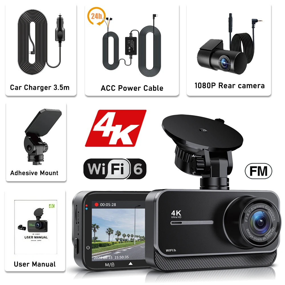4K Dash Cam voor auto's Autocamera Dash Cam WIFI Camera voor auto Voor- en achter Dash Camera Black Box 24H Parkeermodus Recorder