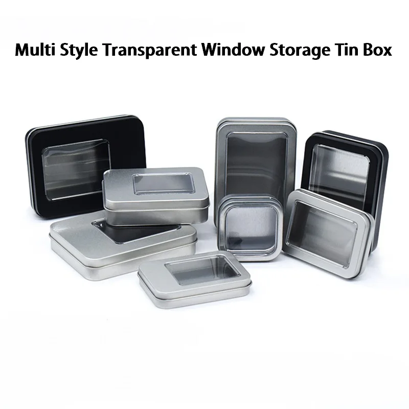 6PC Multiple Styles Transparent Window Nail Art Storage Tin Box Small USB Drive Badge Metal Case Desk Jewelry Cosmetic Organizer