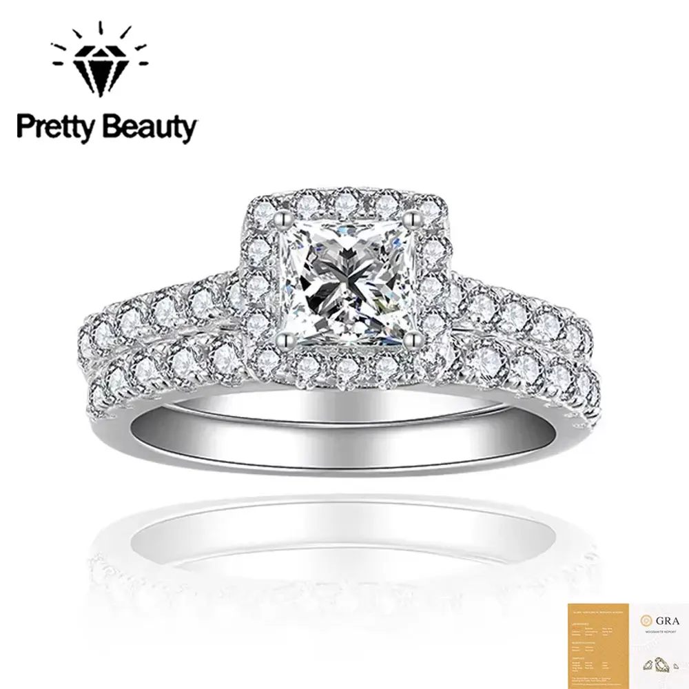 Pretty Beauty Princess Cut Moissanite Engagement Ring for Women S925 Silver Halo Pave Wedding Promise Ring Anniversary Jewelry
