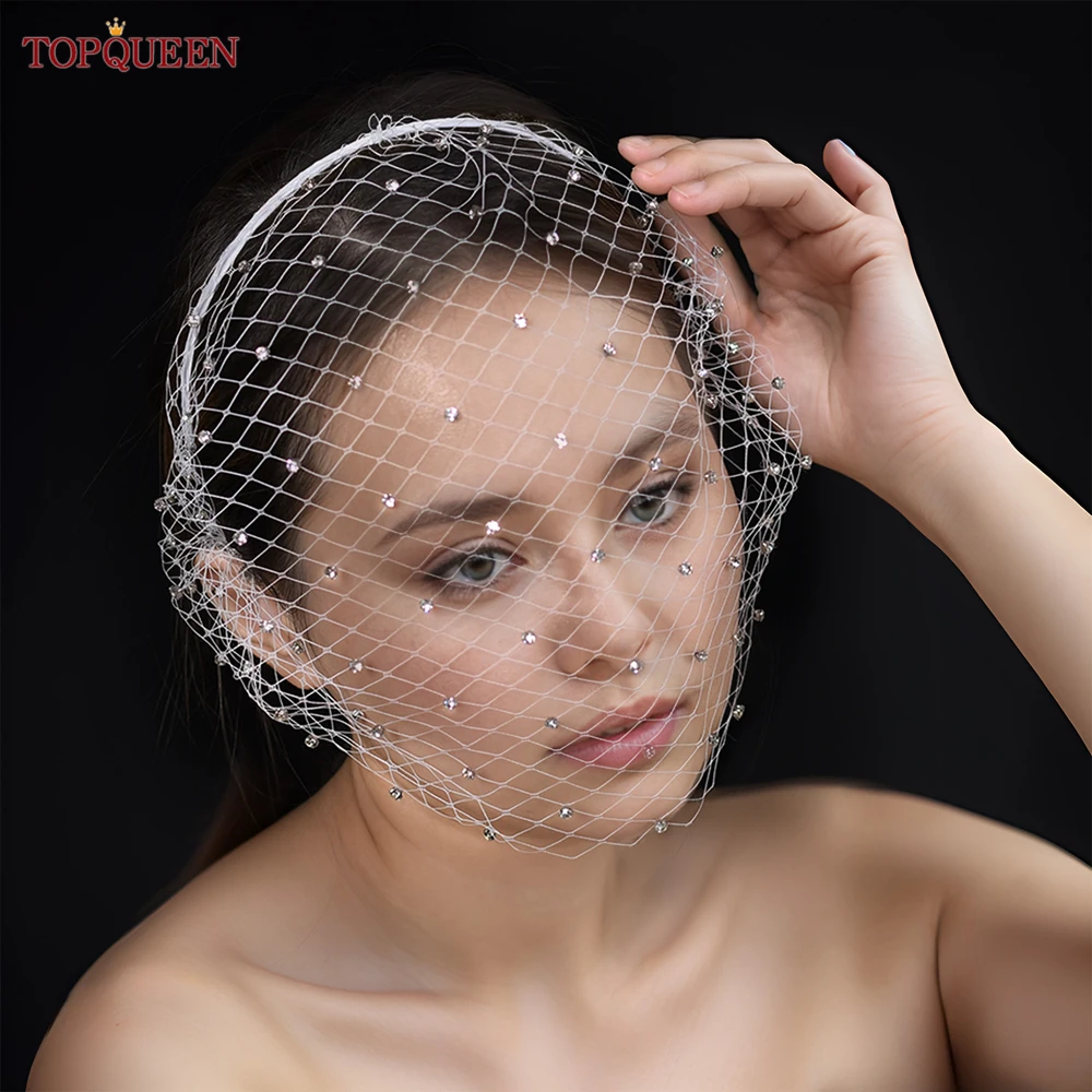 

TOPQUEEN VA06 Birdcage Veil Russian Tulle Cage Veil Face Veil with Diamond Bachelorette Party Accessories Handband Bridal Veils