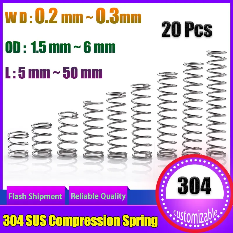 

20Pcs Wire Diameter 0.2 0.3mm 304 Stainless Steel Cylidrical Coil Compression Spring Return Compressed Springs Release Pressure