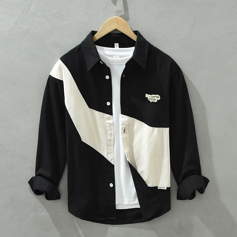 Casual Shirt Men\'s Fashion Slim Youth Breathable Match Color Pure Cotton British Style Outdoor Casual Long Sleeve Cotton Shirt