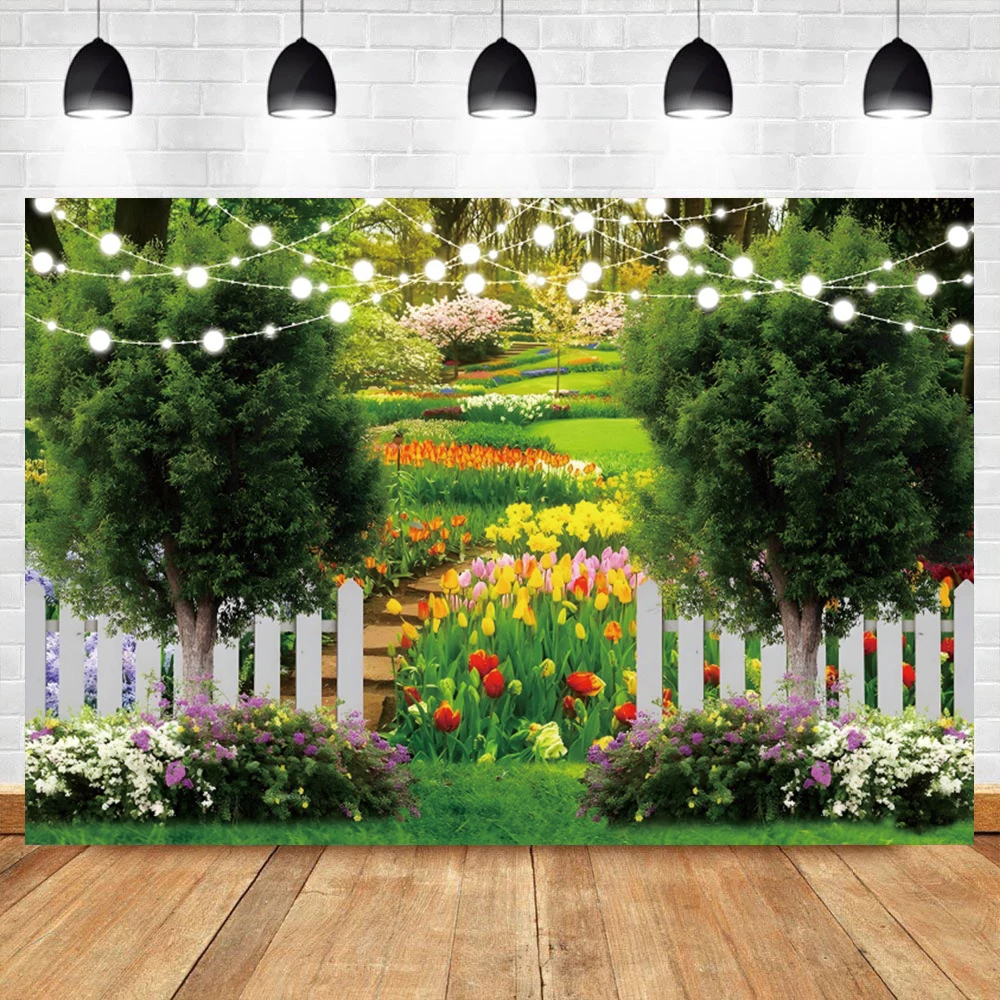 Spring Landscape Photo Backdrop Garden Flowers Green Vine Door Road Photography Background Living Room Decoration Banner