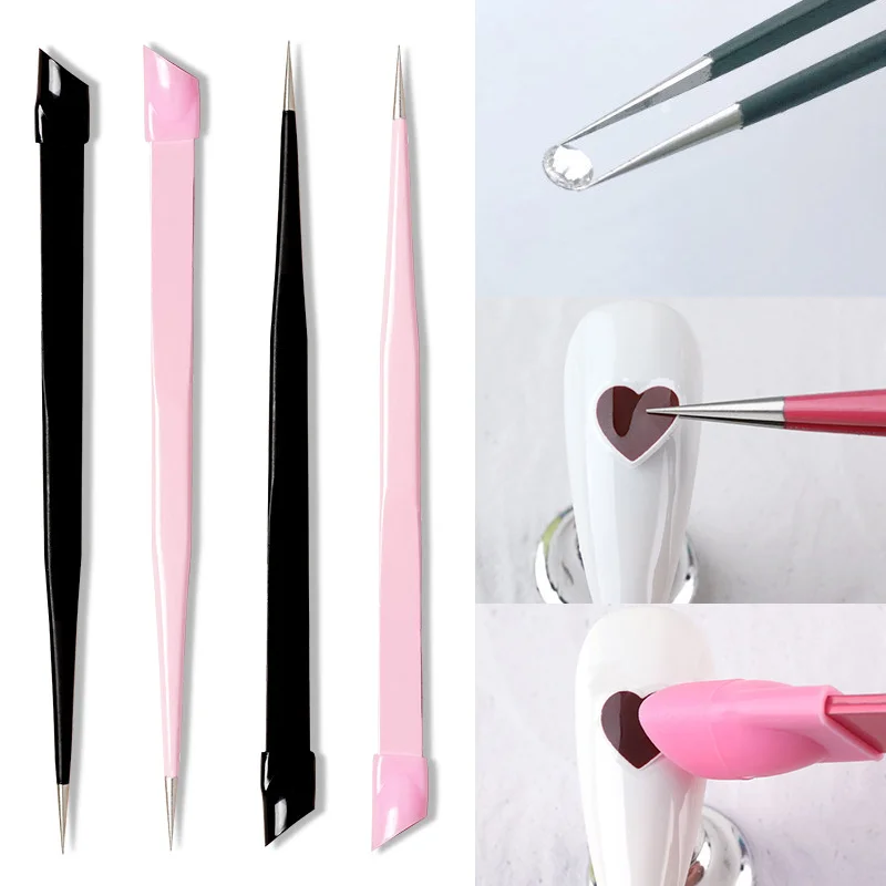 Stainless Steel Silicone Nails Art Tweezers with Pressing Head Eyelash Extension Rhinestones Nail Stickers Pick Up Clip Tools