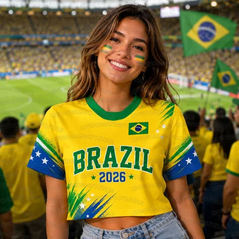 Summer 2026 New Women's Brazil Print Jersey Round Neck Short Sleeve Jersey Cheerleaders Crop Top T-shirt