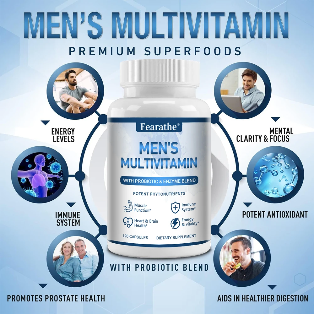 Complete Men\'s Multivitamin Supplement - Vitamin C D3 B12 Minerals Antioxidants Probiotics Digestive Enzymes - Energy, Immunity