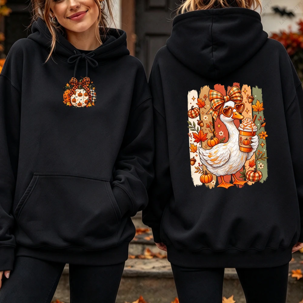Fall Duck Pumpkin Spice Coffee Double Side Print Hoodie Women Casual Long Sleeve Cute Retro Sunglasses Bow Autumn Fashion Top view 4