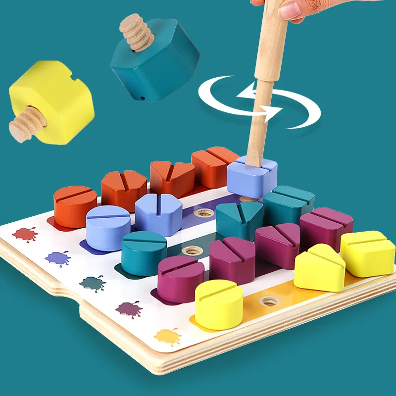 Children Wooden Screw Nut Disassembly Shape Color Matching Building Blocks Montessori Sudoku Game Educational Toys for Kids