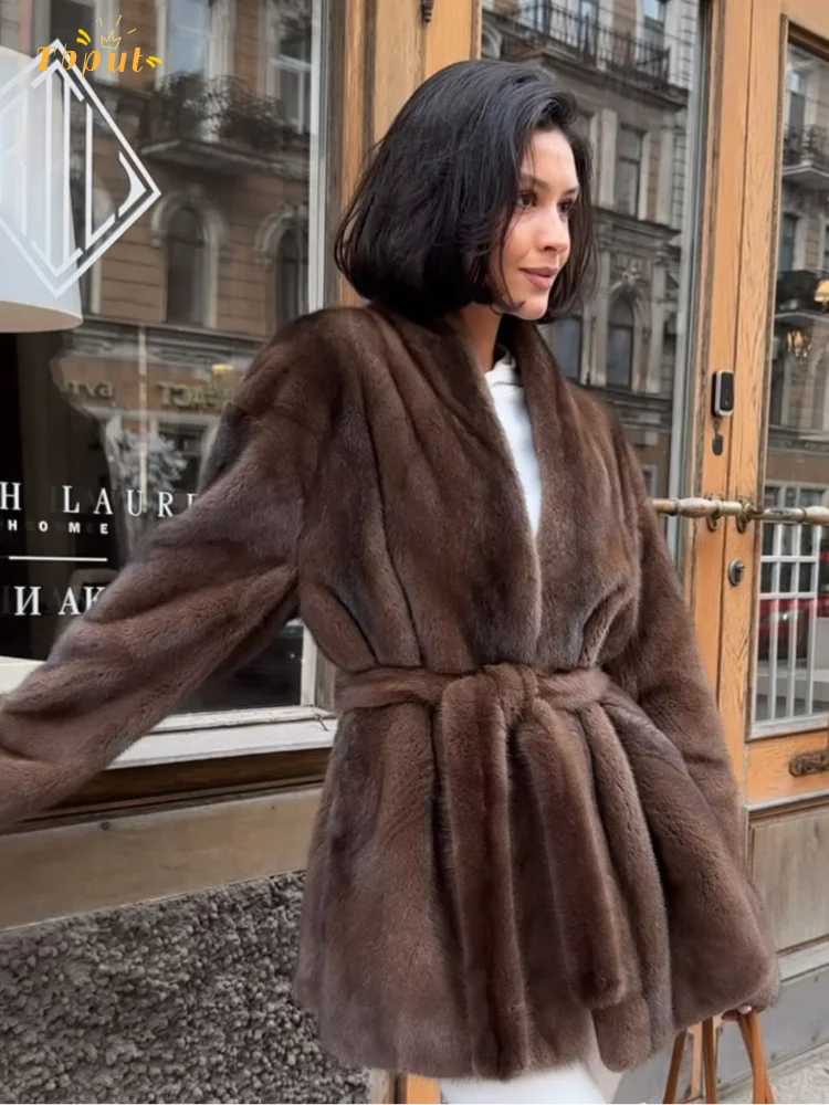 Женская роскошная куртка из искусственного меха на шнуровке, элегантное свободное теплое пальто с v-образным вырезом и длинными рукавами, женская зимняя повседневная уличная верхняя одежда