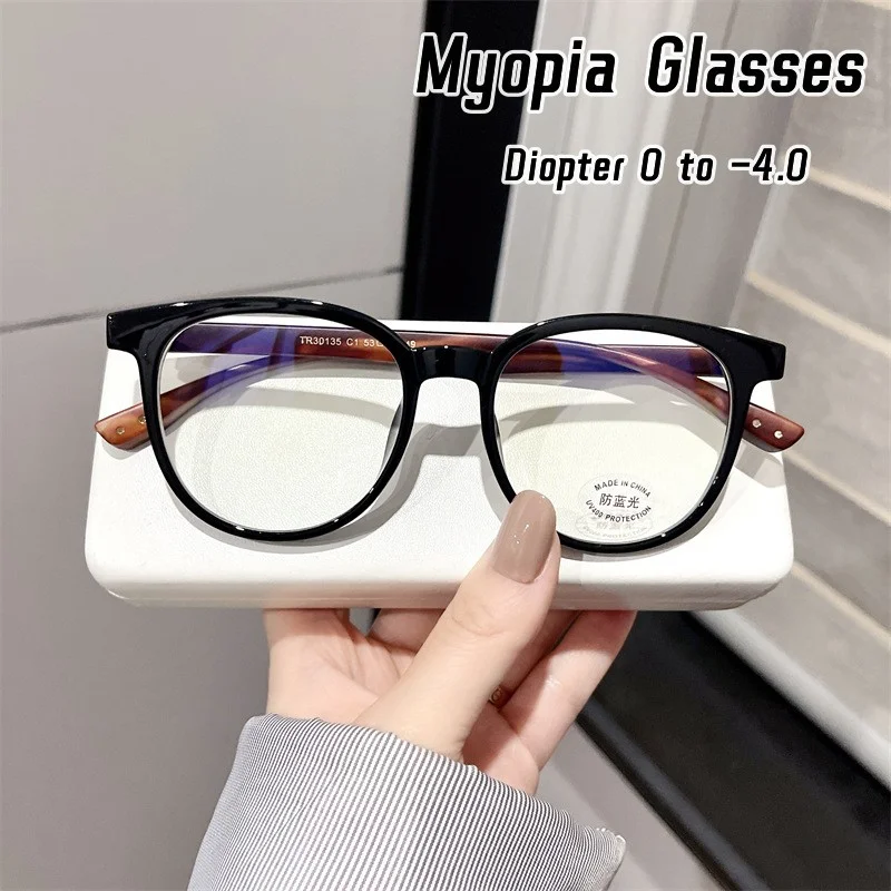 

New Trendy Women Myopia Glasses Vintage Round Wooden Legs Eyeglasses Women Men Anti-blue Light Transparent Near-sighted Eyewear