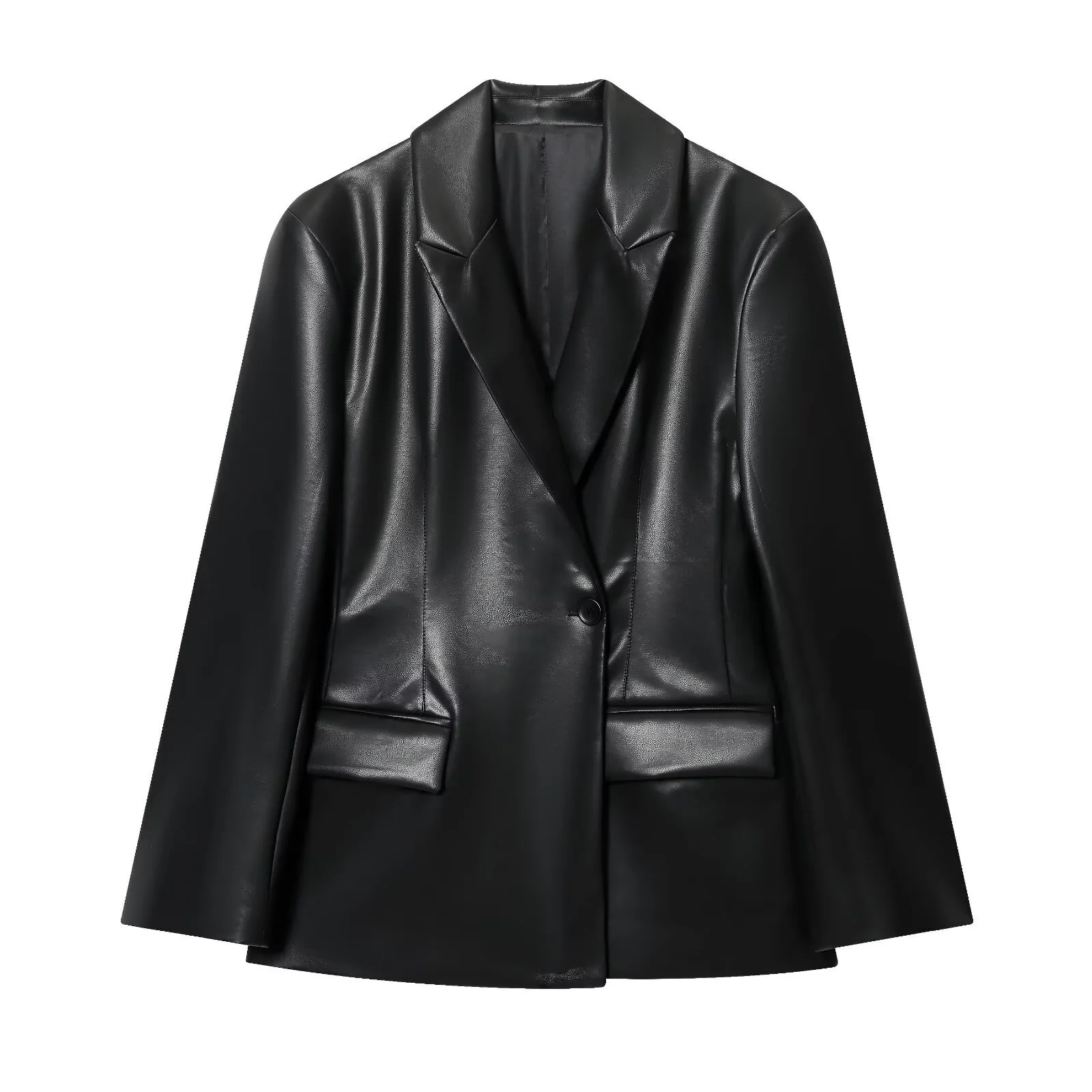 

2025 autumn new women's casual and fashionable versatile slim fit leather effect lapel long sleeved suit jacket