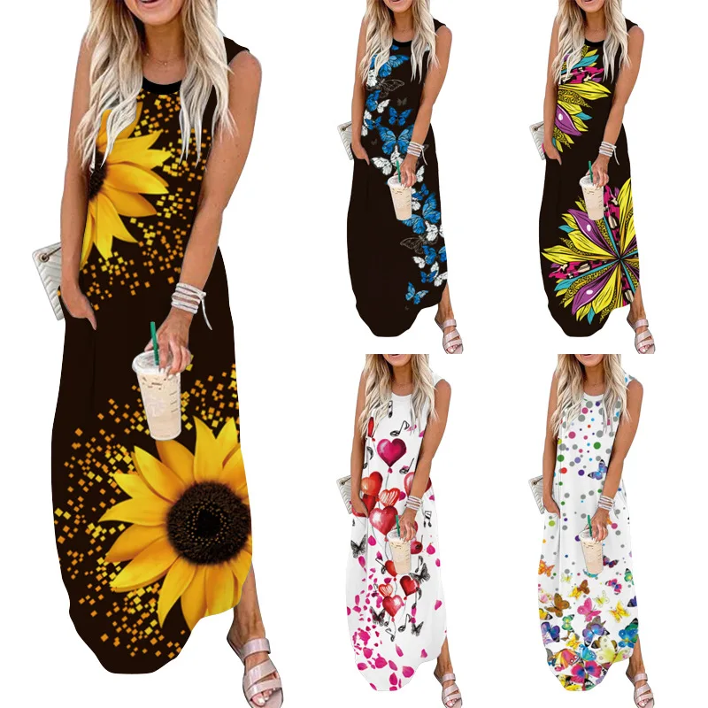 

Europe and America Border New 2021 Summer New Sleeveless Printed Pocket Slit Hemline at Hem Maxi Dress