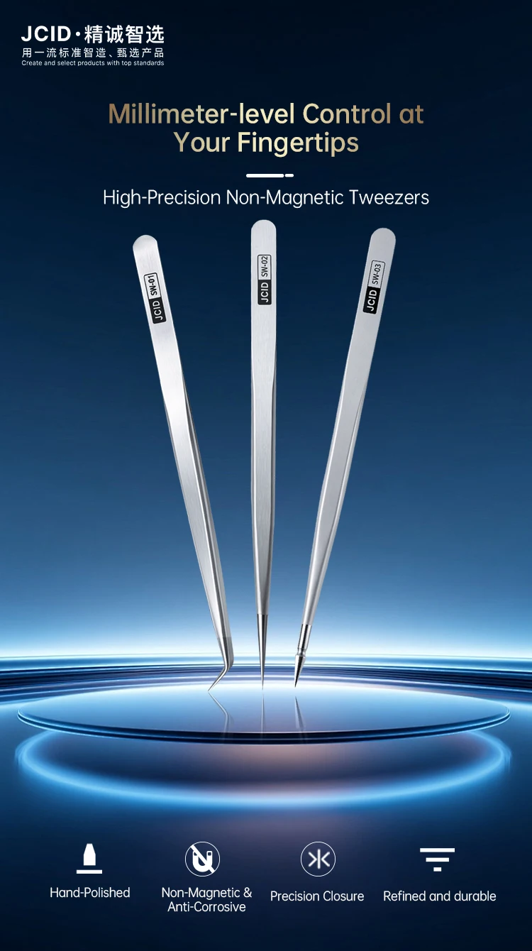 JCID Non-Magnetic Fine Tip Tweezers 0.01mm Accuracy Curved & Straight Stainless Steel for Phone Motherboard Chip Repair Tool