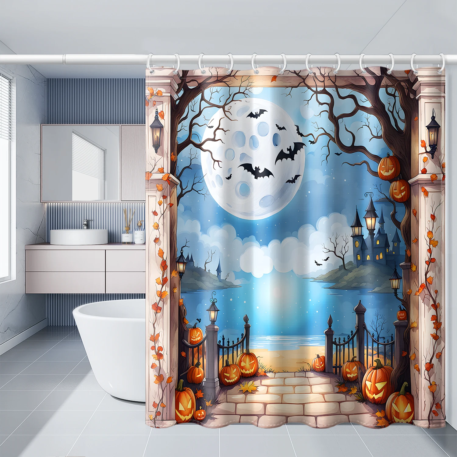 1pc simulated window pumpkin tree Halloween bat shower curtain with plastic hooks, decorated in autumn and winter style