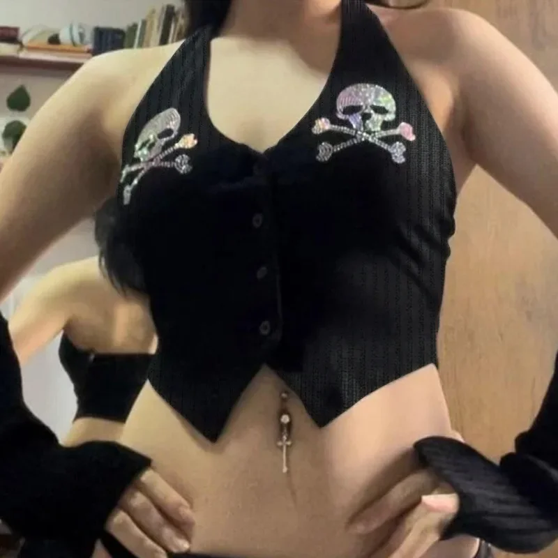 

INS Cross border Button Hanging Neck Top European and American Street Fashion Spicy Girl Slim Fit Versatile Vest for Women