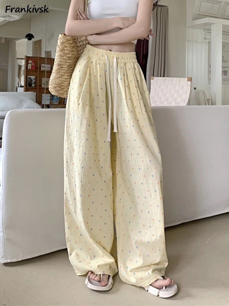 

Брюки женские в горошек модные свободные повседневные нежные очаровательные повседневные уличные брюки уютный корейский стиль универсальные простые молодежные шнурки новые