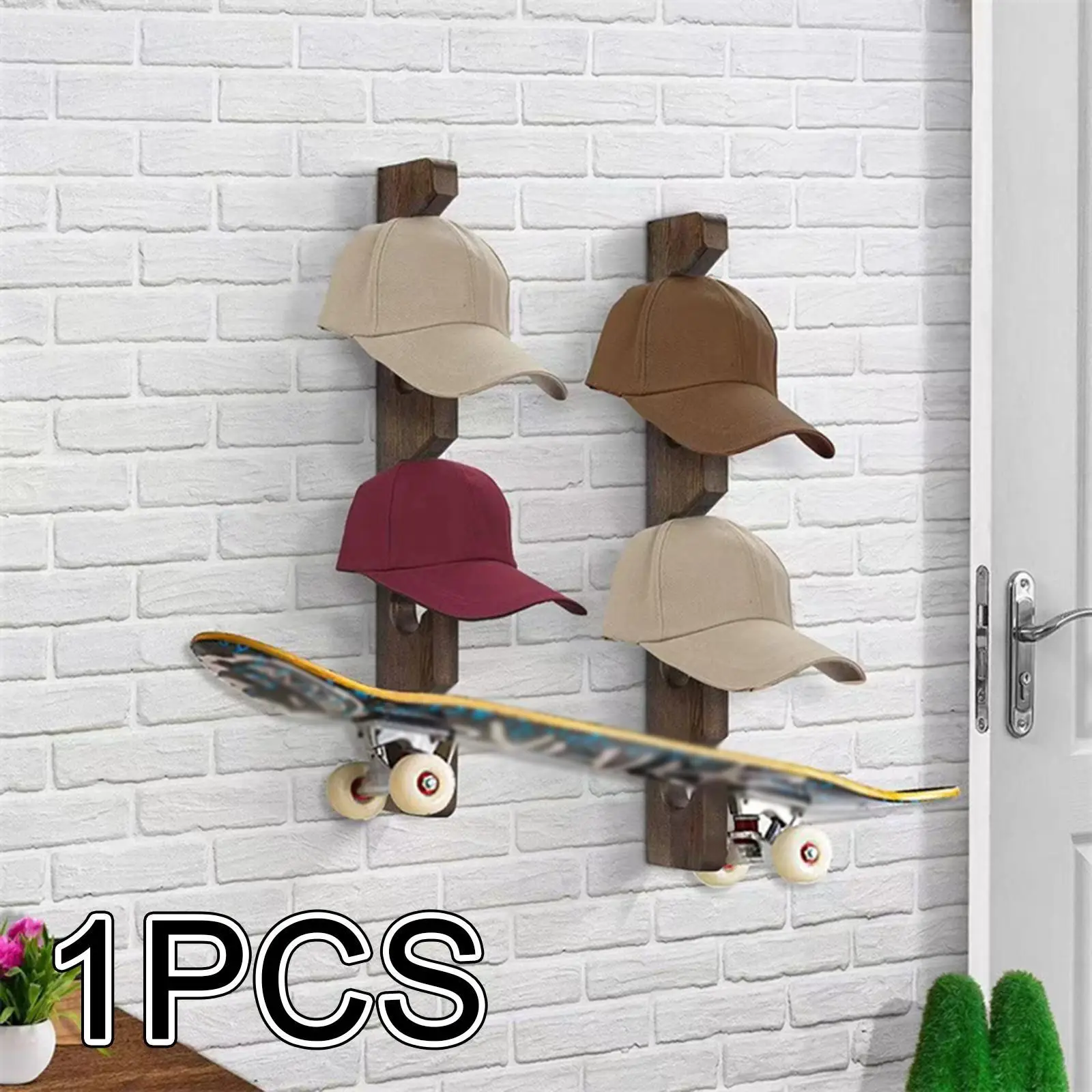 1Pc Hat Rack for Baseball Caps Wood Hat Holder 5 Hooks Multifunction Space Saving Wall Mounted Cap Display for Dresser Home Door