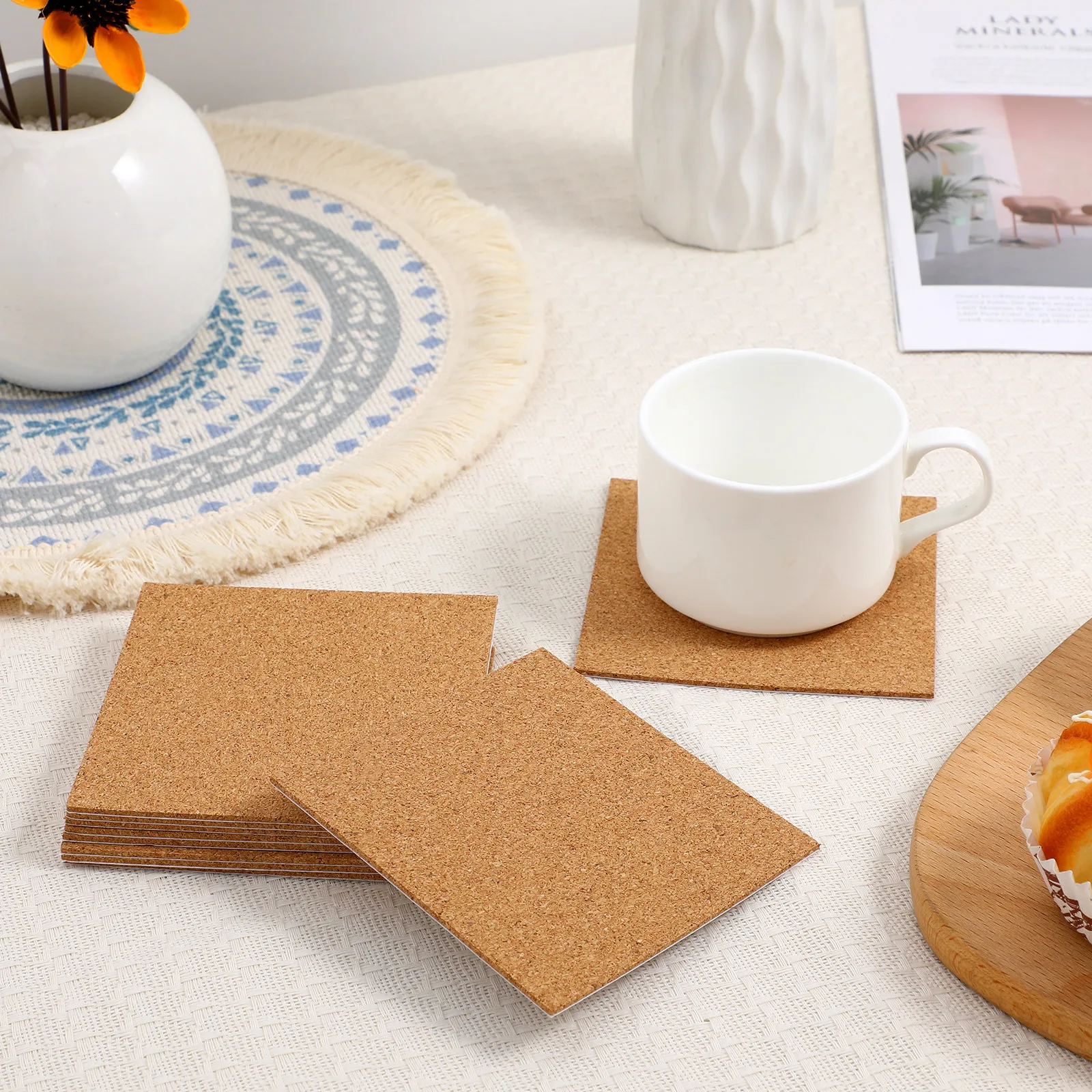 10pcs Soft Cork Coasters – Self-Adhesive, Heat-Insulating, Anti-Slip, Writeable Wood Grain for Home, Office, School