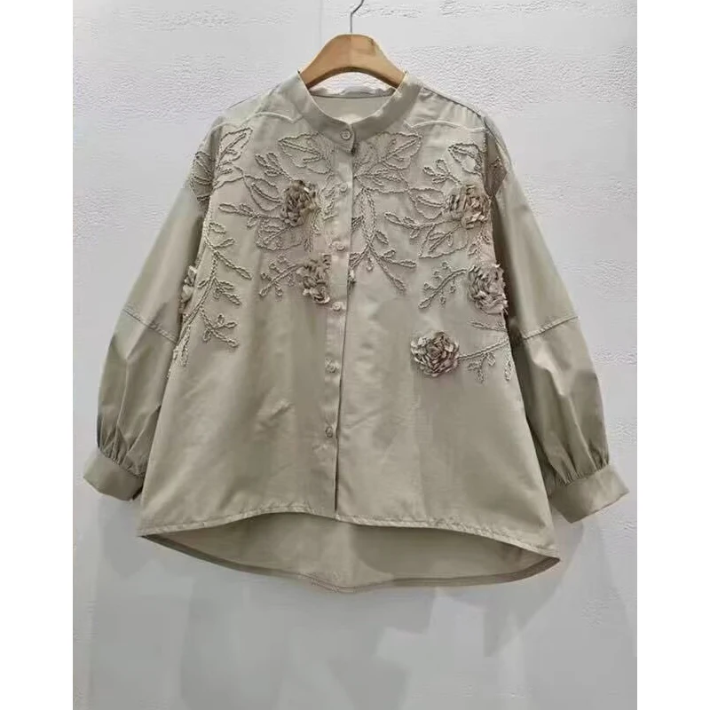 

Korean Style Stand Collar Long Sleeve Women's Shirt Floral Print Fashionable Top Skin-friendly Breathable Autumn Winter New A...