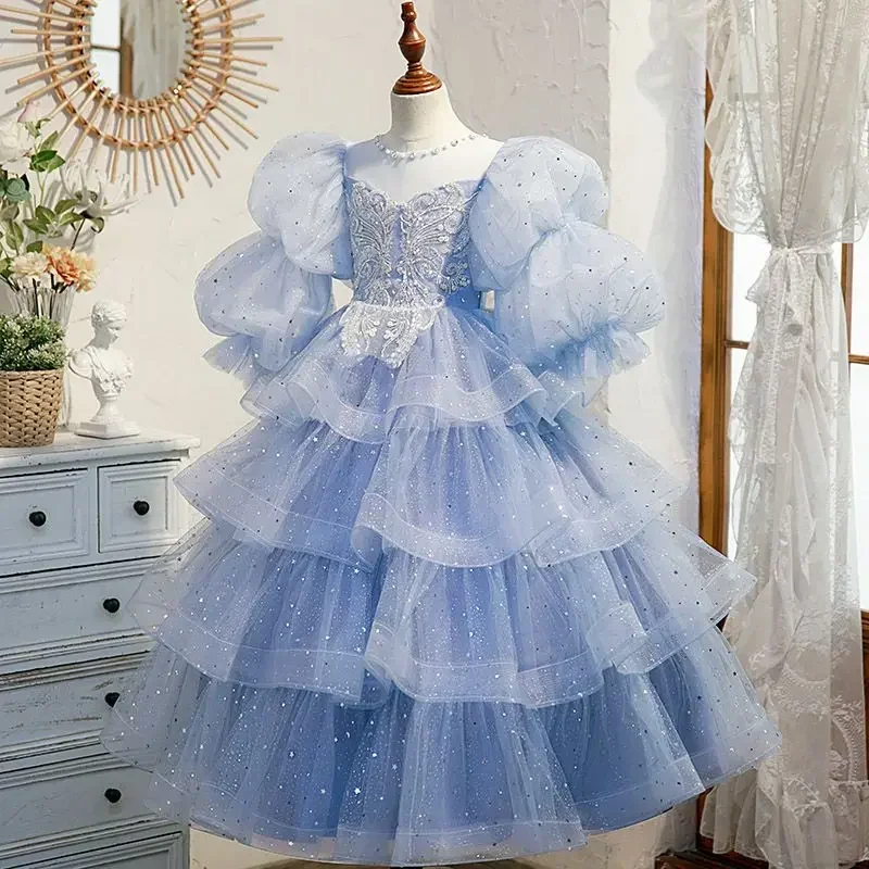 Fall Spring Girl Sweater Shiny Dress Kid Birthday Party Cake Clothes Toddler Princess Baby Kids Puff sleeve Ball Gown Long Skirt