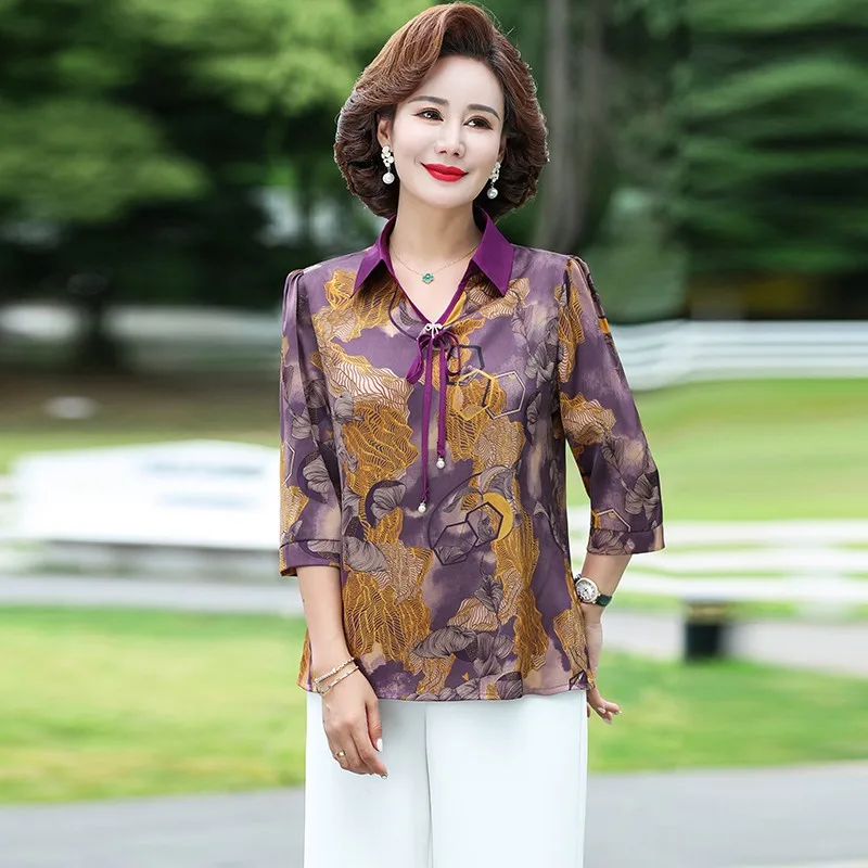 Office Lady Plant Printed Loose Blouse Casual 3/4 Sleeve Spring Summer Turn-down Collar Female Clothing Fashion Drawstring Shirt