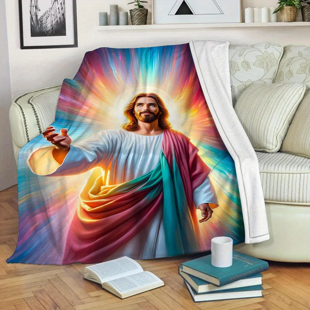 Soft and Warm Polyester Jesus-Themed Blanket - Multifunctional Religious Quilt, Suitable for Sofa,, Office, Camping, Travel - Li