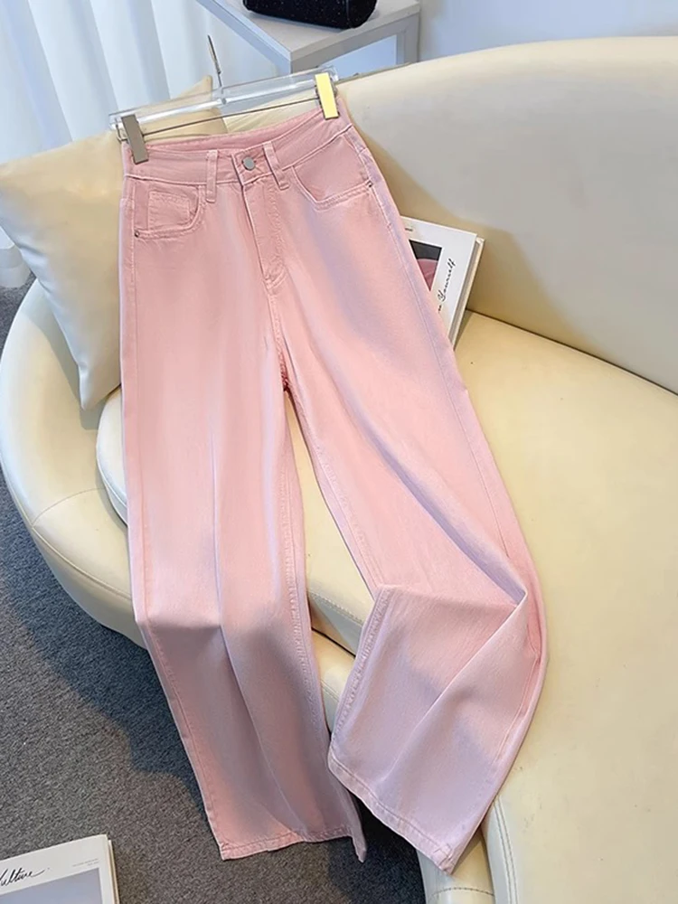 Pink Ice Silk Jeans Women's Summer Thin High Waist Slim Straight Leg Drop Feel Denim Trousers Casual Loose Wide Leg Pants