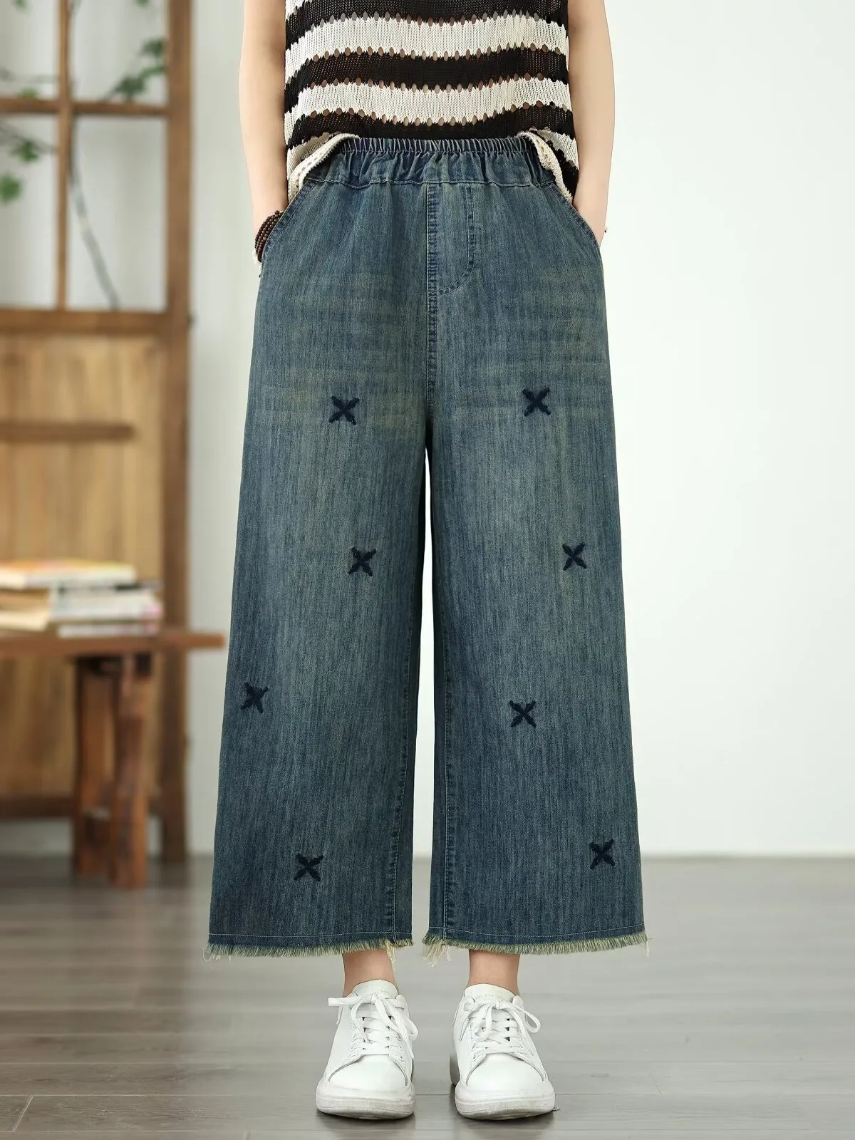 

High Waist Embroidered Denim Jeans Women's Fashion Spring Straight Leg Wide Leg Casual Eighteen-Length Retro Style plus Size