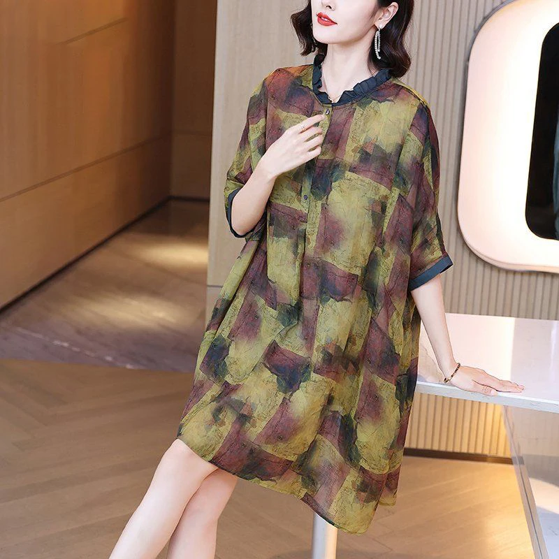 

Elegant O-Neck Spliced Ruffles Loose Printed Vintage Dress Women's Clothing Summer New Oversized Commuter Ladies Dresses