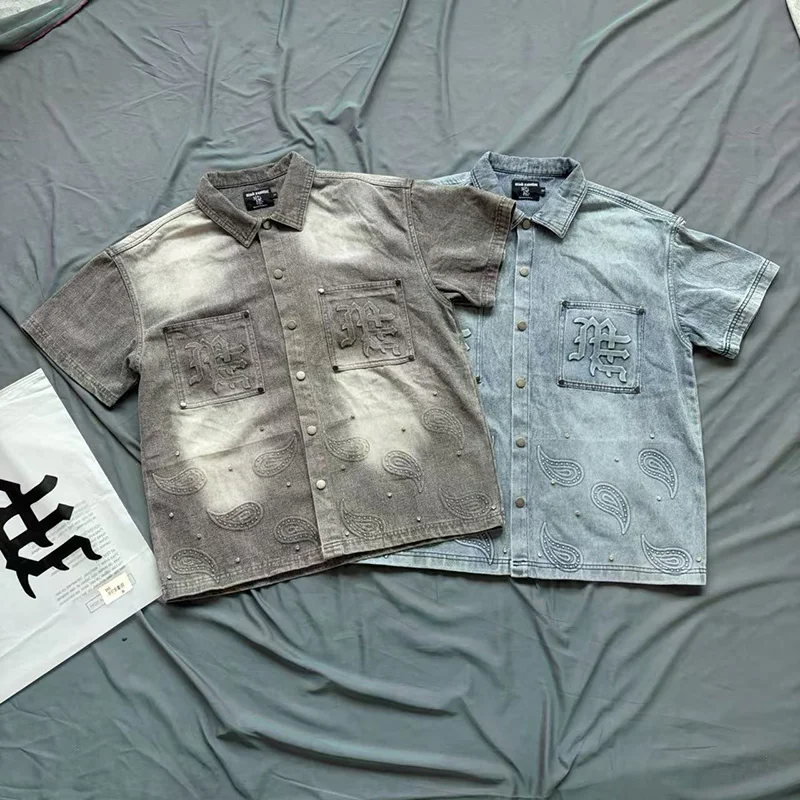 

Классическая джинсовая рубашка с логотипом Steel Stamp MIXED EMOTION для мужчин и женщин, унисекс, рубашки с короткими рукавами и заклепками с бриллиантами, футболки