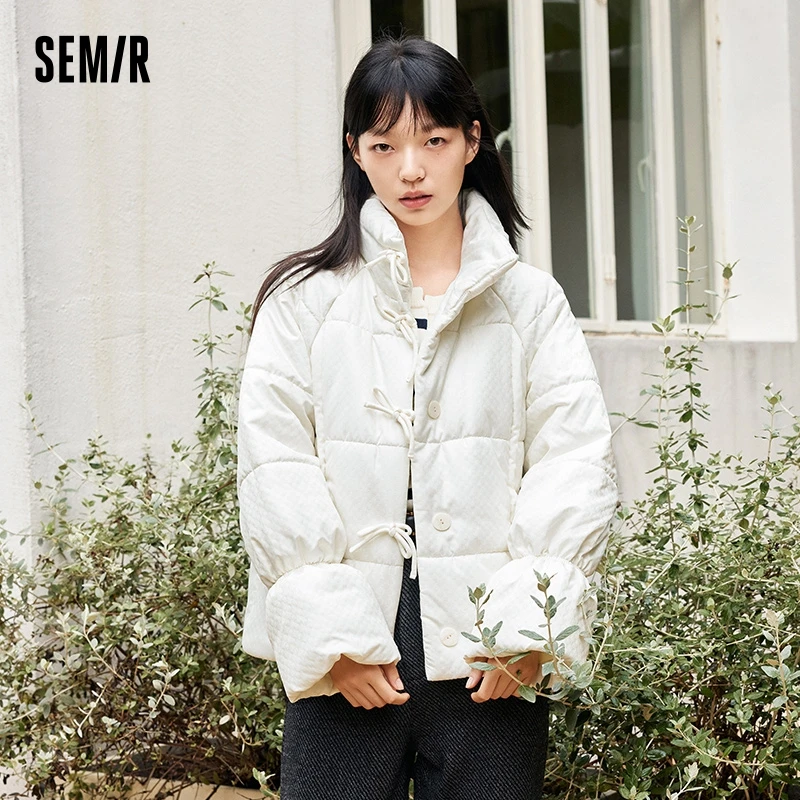 Semir Cotton Clothes Women Bow Tie Sweet Winter 2023 New Raglan Sleeves Stand Collar Texture Loose Bread Jacket